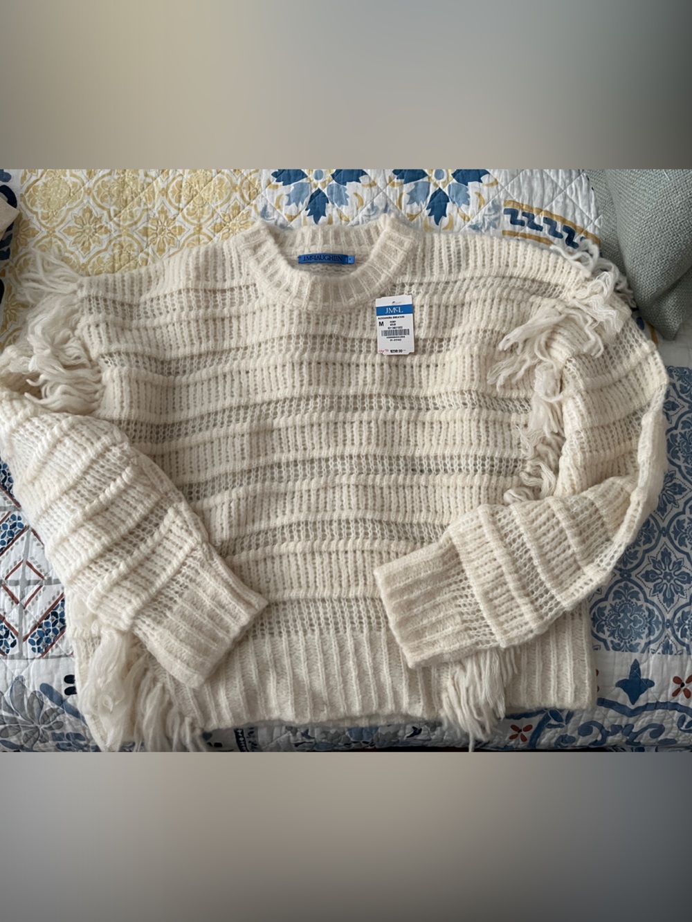 Fringed Ivory Crewneck Sweater - Women's Lightweight Knit